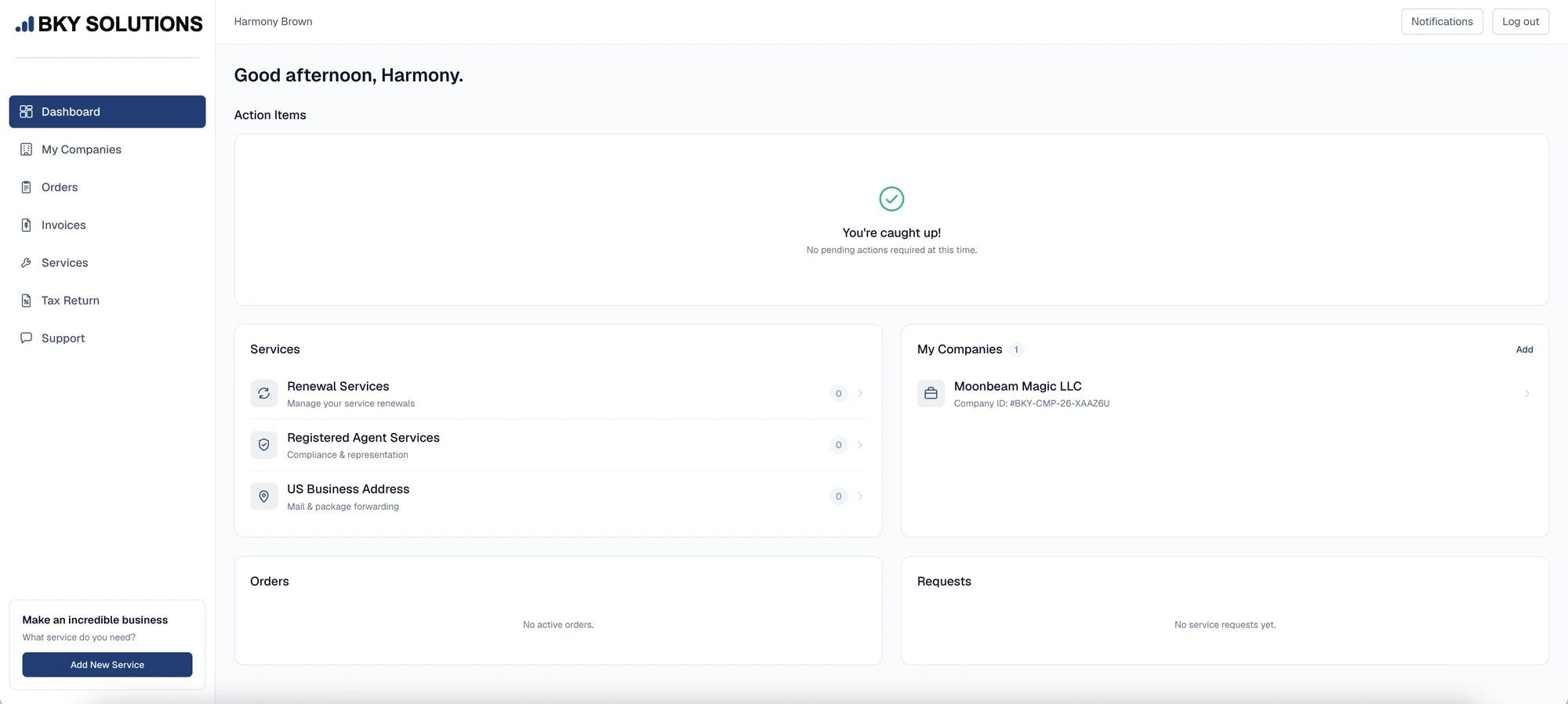 The BKY Solutions client portal dashboard, showing companies, services, orders and requests.